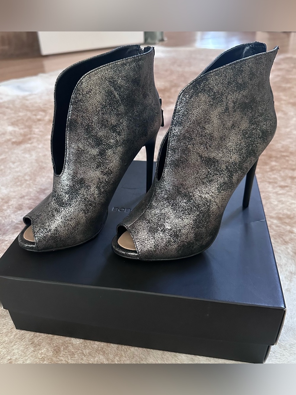 BCBGMaxAzria Metallic Silver Peep-Toe Stiletto Ankle Booties